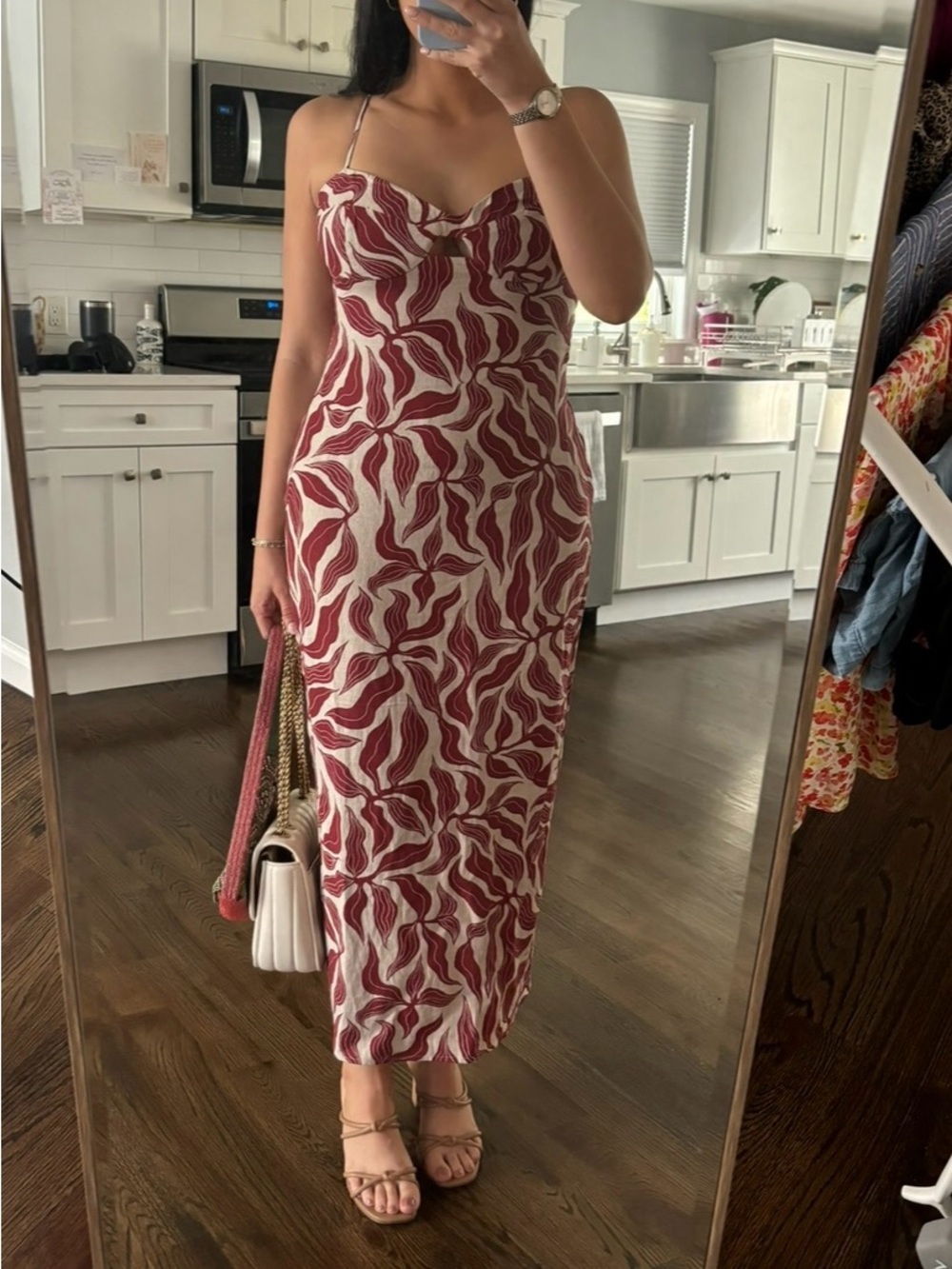 Zara Red & Cream Printed Midi Slip Dress
